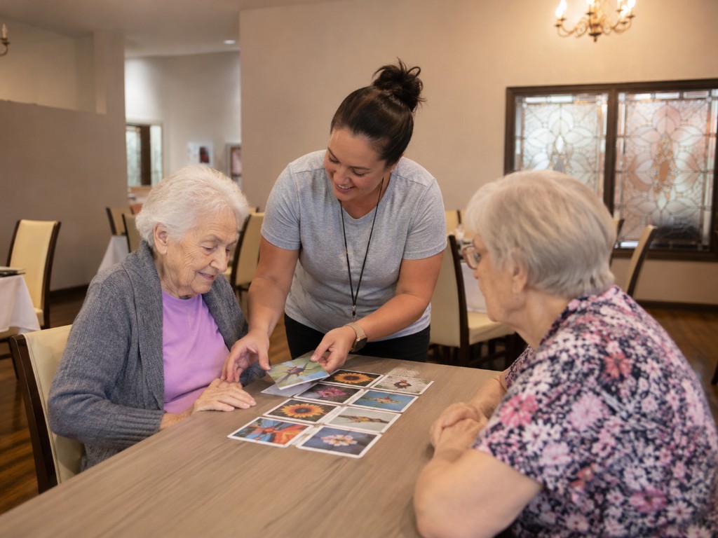 A Memory Care team member engaging residents in a meaningful activity with picture cards at the table